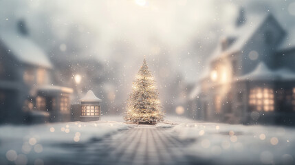 A Christmas tree is lit up in a snowy town