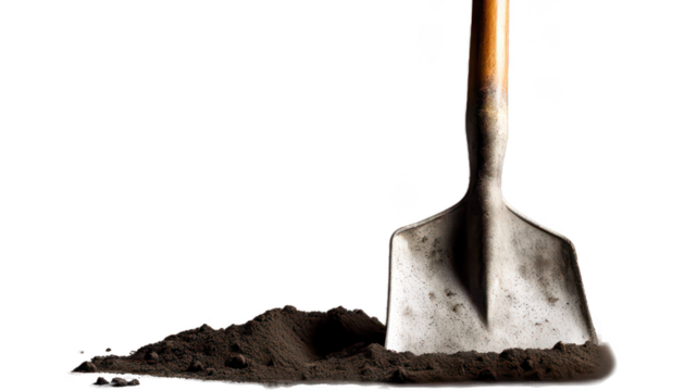 Close up of a metallic shovel resting on a pile of dark soil isolate on transparent background, cutout, png 