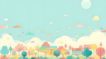 Pastel landscape with whimsical houses and trees under a sunny sky.