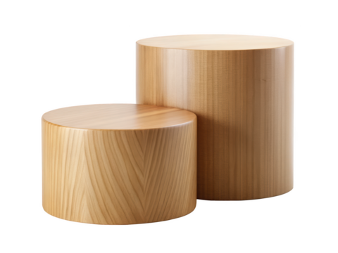 Two wooden pedestal cylinders of different heights, perfect for product display or decorative use. Isolated on transparent background, png.