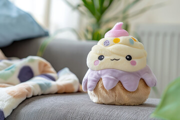Plush dessert toy on grey cushion