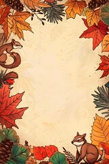 Autumn Doodle Page Print Border Design with Texture and Woodland Animals