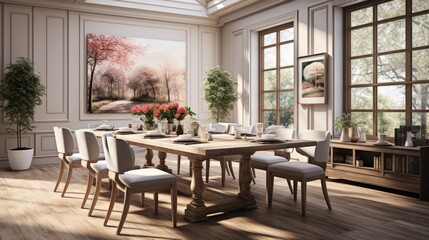 Dining room with table and chairs, panoramic view.