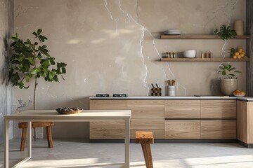 minimal kitchen interior design, tidy and uncluttered space, clean surface, beige color palette