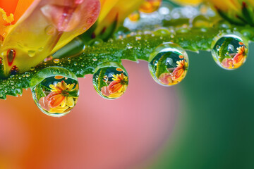 Water droplets on leaf tip reflecting surroundings in a miniature ecosystem