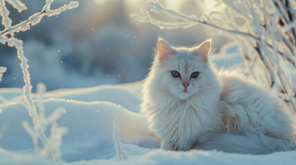 White fluffy turkish angora cat on snow 