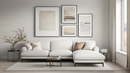 Fototapeta premium A living room with a white couch, a coffee table, and a vase with flowers