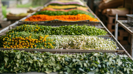 Fototapeta premium Colorful variety of fresh herbs being dried on racks