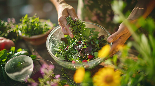 Colorful variety of fresh herbs being muddled