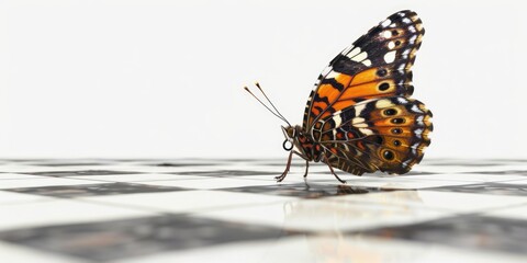 Obraz premium A colorful butterfly perched on a traditional checkered floor, perfect for illustrations and design projects