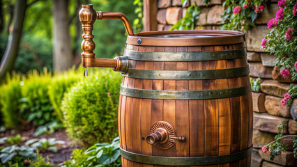 Fototapeta premium A wooden rain barrel with a copper spout and ornate details sits beneath a downspout, collecting rainwater for a lush green garden.