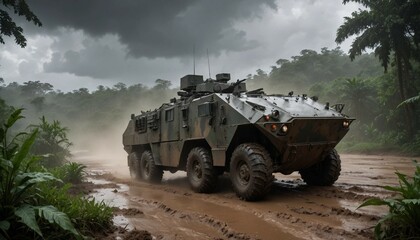 Obraz premium An armored personnel carrier maneuvering through a muddy jungle terrain during the rainy season, with dark, stormy clouds overhead 