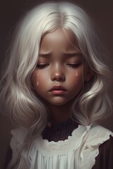 Fototapeta premium Baby girl cries from feelings of love and pain in her heart. Depressive portrait of a child in tears.