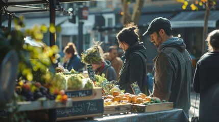 Bustling farmer's market stall, street photography 