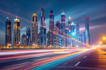 Fototapeta premium City skyline with neon lights taken using low shutterspeed