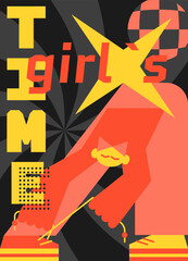 Obraz premium Vibrant abstract illustration with character. Geometric design in a orange gray palette. Groove poster in modern style. The topic of girl’s time.