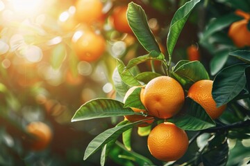 Fresh oranges hanging from tree branches, ripe for picking