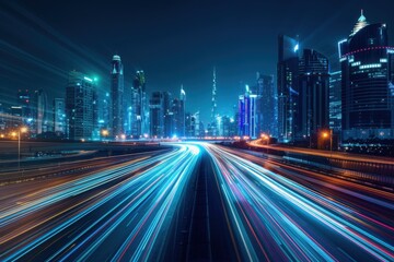 City skyline with neon lights taken using low shutterspeed