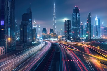 Fototapeta premium City skyline with neon lights taken using low shutterspeed