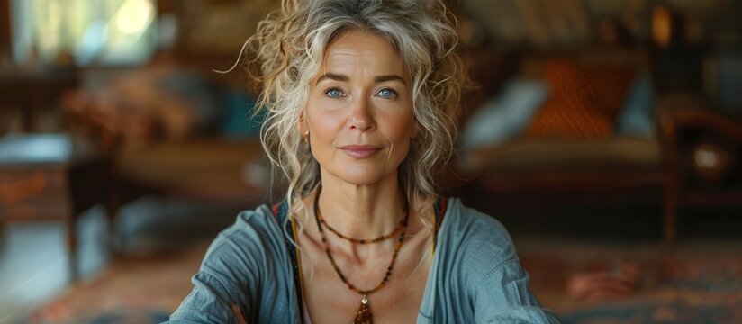 Close-Up Portrait of a Woman with Gray Hair and Blue Eyes