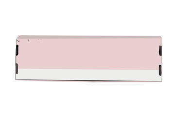 Slim rectangular box with two-tone design: soft pink top, white bottom. Black edges suggest opening mechanism. Flat, elongated shape. Minimalist style with smooth surface, made of cardboard.