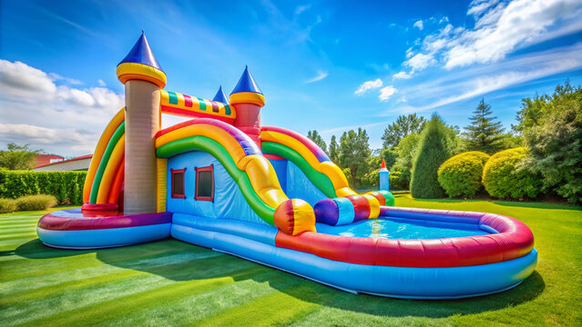 Vibrant and playful outside bounce house water slide with a colorful bouncy castle featuring a fun curved slide for kids to enjoy on a sunny day. - Powered by Adobe