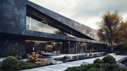 Obraz premium angular luxury home with a dark slate facade, featuring an asymmetrical design and a minimalist garden