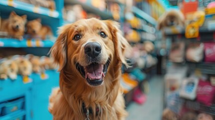 A funny happy dog exploring colorful aisles of a pet shop, surrounded by animal accessories, wideangle