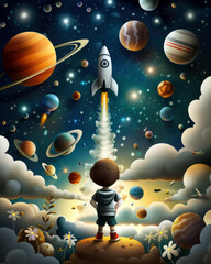 Naklejka premium A young boy is looking up at a rocket flying through space. The scene is filled with planets and stars, creating a sense of wonder and adventure. The boy's gaze is focused on the rocket