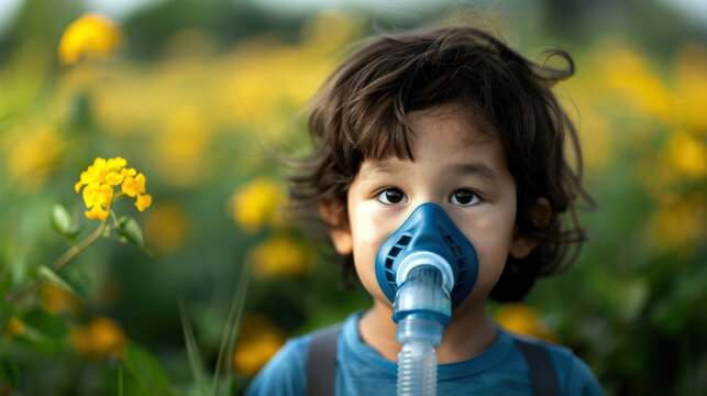 A young boy is wearing a blue shirt and a blue mask. He is standing in a field of yellow flowers - Powered by Adobe