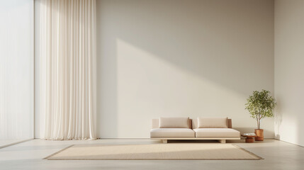 A white room with a couch and a potted plant