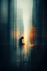 A man is sitting on a ledge in a city, looking at his laptop