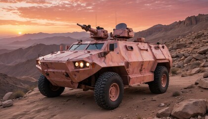 Fototapeta premium An armored vehicle stationed on a rocky hillside at sunset, with the sky ablaze with orange and pink hues 