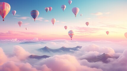Obraz premium A panoramic photograph of a vast expanse of hot air balloons in a rainbow of colors, filling the horizon with a breathtaking spectacle.