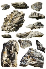A collection of rocks on a white background, ideal for use in designs and presentations related to nature and geology