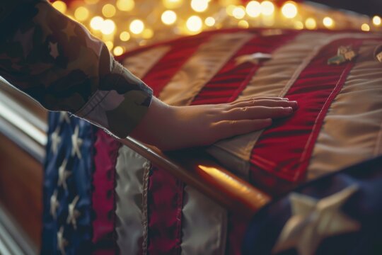 Flag-draped coffin with a child's hand touching it, honoring sacrifice concept