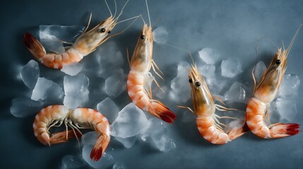food photography, frozen shrimp on ice cubes, top view, blue background, soft shadows, high resolution photography. The image is in the style of soft shadows