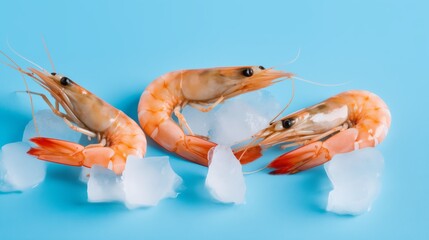 food photography, frozen shrimp on ice cubes, top view, blue background, soft shadows, high resolution photography. The image is in the style of soft shadows