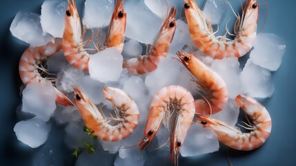 food photography, frozen shrimp on ice cubes, top view, blue background, soft shadows, high resolution photography. The image is in the style of soft shadows