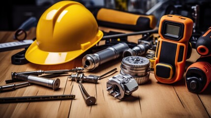 Fototapeta premium Essential Construction Equipment Flatlay - Drill, Tape Measure, Gloves on Wooden Table