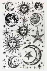 a tattoo sketch of astronomical bodies. Depict the sun, moon, and stars in various phases, with detailed textures