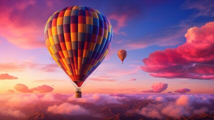 Obraz premium photograph of a hot air balloon at sunset, with the sky ablaze with orange, pink, and purple hues