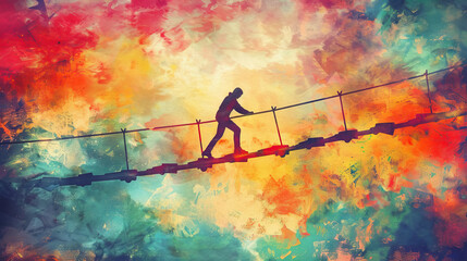 Naklejka premium A person walks along a rope bridge, looking down, as they cross over a colorful abstract sky