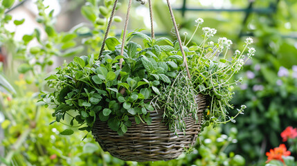 Colorful variety of fresh herbs in a rustic hanging basket