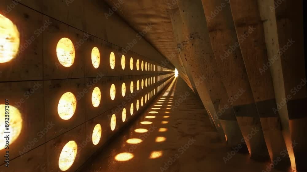Poster 3d render of a futuristic tunnel with circular lights illuminating the path