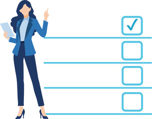 チェックリストを駆使してプレゼンするビジネスウーマンのイラスト