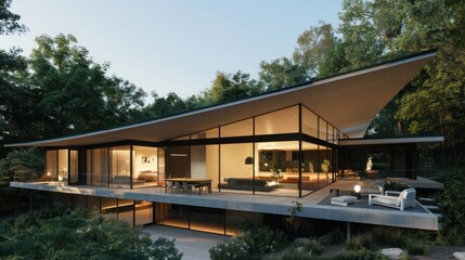 Fototapeta premium Contemporary minimalist home exterior with a unique angular roof and floor-to-ceiling windows, nestled in a wooded area Space for text