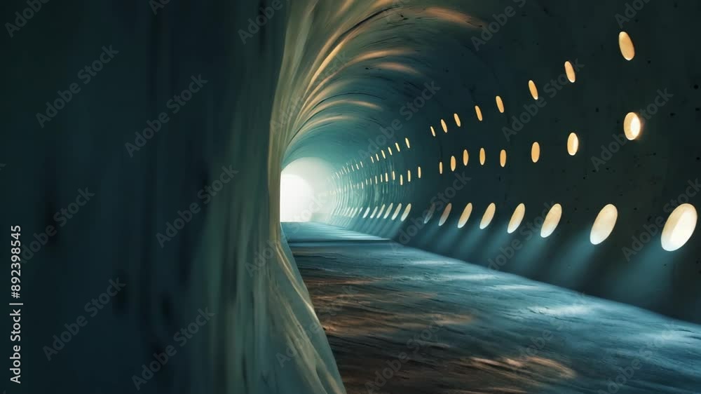 Poster 3d render of a futuristic tunnel with circular lights illuminating the path