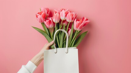 Obraz premium Hand holding white shopping bag with pink tulips on pink background