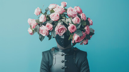 Knight with a bouquet of pink roses on the head, surreal concept